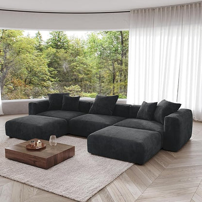JACH 141" Oversized Modular Sectional Sofa, Deep 3-Seats Sectional Couch with Chaise Ottomans, Huge Plus Convertible Soft Sofas, Corduroy Minimalist Couches for Living Room, Apartment, Black