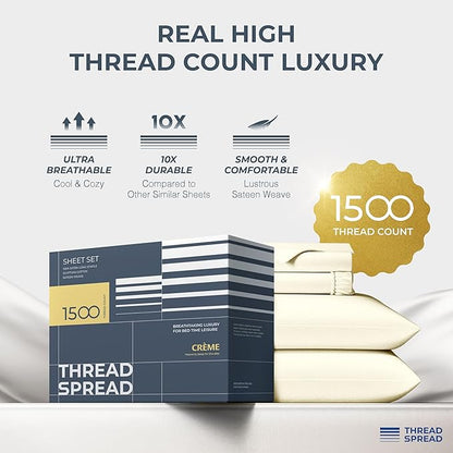 THREAD SPREAD 100% Egyptian Cotton Sheets Queen Size - 1500 Thread Count 4 PC Queen Sheet Set Egyptian Cotton, Sateen Weave Luxury Sheets Queen Size, High Thread Count Sheets, 17" Deep Pocket - Ivory