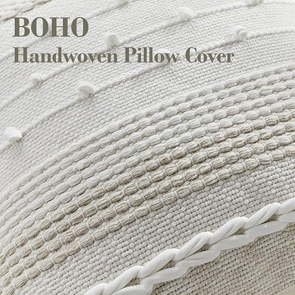 Boho Pillow Cover 18x18 Beige - Handmade Woven Textured Throw Pillow Case with Cordings & Tassels, Decorative Accent for Couch Sofa Farmhouse Living Room Home Decor