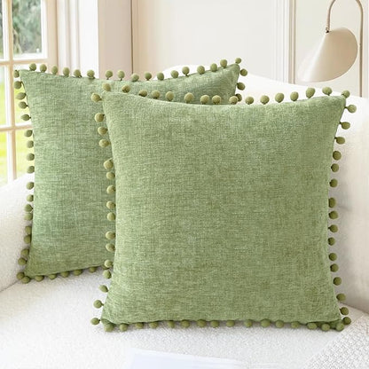 CaliTime Throw Pillow Covers Decorative 22 X 22 Inches Pack of 2 Cozy Solid Dyed Soft Chenille Cushion Cases with Pom Poms for Couch Sofa Bed Living Room Home Sage