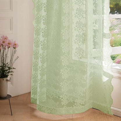 Anmao Vintage Lace Curtains 108 Inches Long 2 Panels, Romantic Semi Sheer Floral Lacy Curtain for Living Room, Elegant Window Drapes for Bedroom, Each 55W x 108L, Light Green
