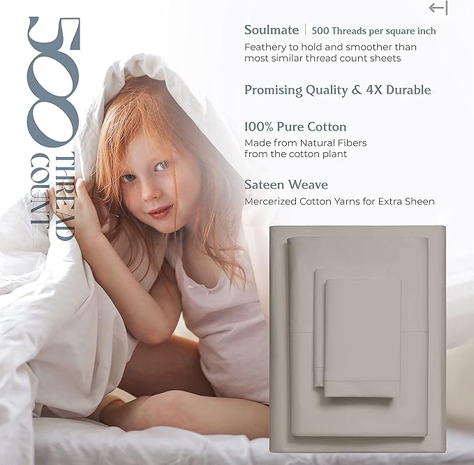 Mayfair Linen 500 Thread Count 100% Cotton Sheets King Size Bed Set - 4 PC King Bed Sheet Set Cotton (Taupe), Soft, Cooling, Sateen Weave 16" Deep Pocket Bedsheet for Hot Sleepers (Fits 18" Mattress)
