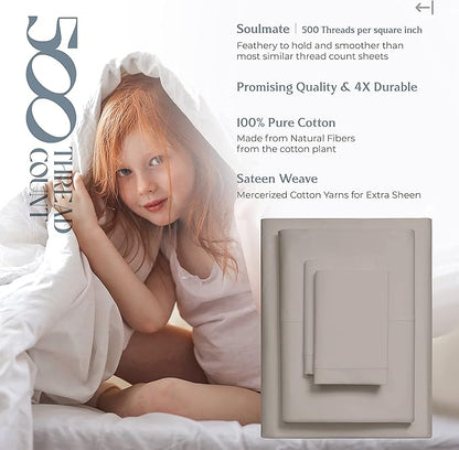 Mayfair Linen 100% Cotton Bed Sheets Queen Set - 500 Thread Count Cotton Sheets for Queen Size Bed, 4 PC Set (Taupe), Ultra Soft, Cooling, Sateen Weave 16" Deep Pocket Bedsheet for Hot Sleepers