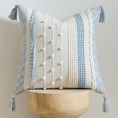 Boho Pillow Cover 18x18 Coastal Blue - Handmade Woven Textured Throw Pillow Case with Cordings & Tassels, Decorative Accent for Couch Sofa Farmhouse Living Room Home Decor