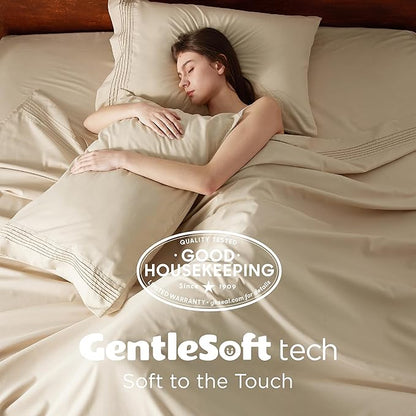 Bedsure Deep Pocket King Sheet Set - Fits Mattresses Up to 21 Inches Thick - 4 Piece GentleSoft Bed Sheets, Moisture Wicking, Soft & Cooling Bedsheet & Pillowcases, Easy & Secure Fit, Beige
