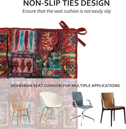 Bohemian Square Seat Cushions for Kitchen Dining Living Tea Room,16.5" x 16.5" Printing Chair Pads with Non-Slip Ties, 2Packs, Red