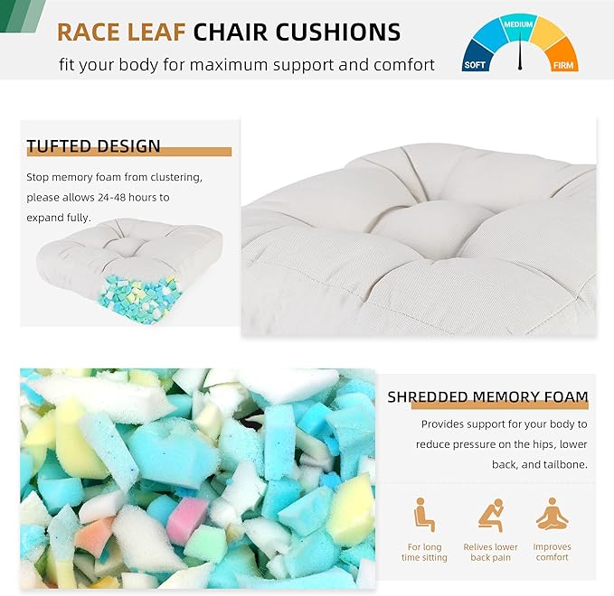 RACE LEAF 17" x 17" Patio Chair Cushions Beige - Outdoor/Indoor Tufted Memory Foam Chair Pads Set of 2, Water-Resistant Olefin Chair Seat Cushion Non-Slip Backing