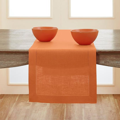 Solino Home Linen Pumpkin Hemstitch Table Runner 60 Inches - 100% Pure Linen Small Table Runner 14 x 60 Inch Ideal for Dresser and Coffee Tables - Classic Hemstitch - Holiday