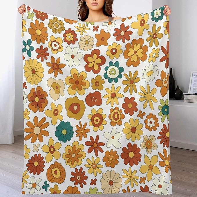 Vintage Hippie Floral Blanket, 70s Boho Abstract Yellow Orange Flowers Funny Print Throw Blanket for Holiday Theme Home Decor Bedding Couch 30"x40"