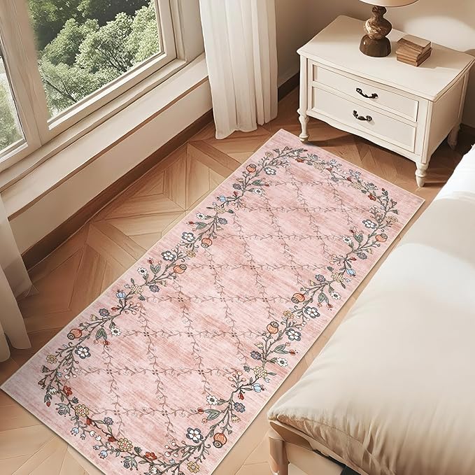 GarveeHome 2x6 Washable Floral Runner Rugs for Hallway: Modern Floral Non Slip Large Runner Rugs for Kitchen, Large Machine Washable Hallways Low Pile Carpet with Non-Slip Backing Pink 2 ft x6 ft.