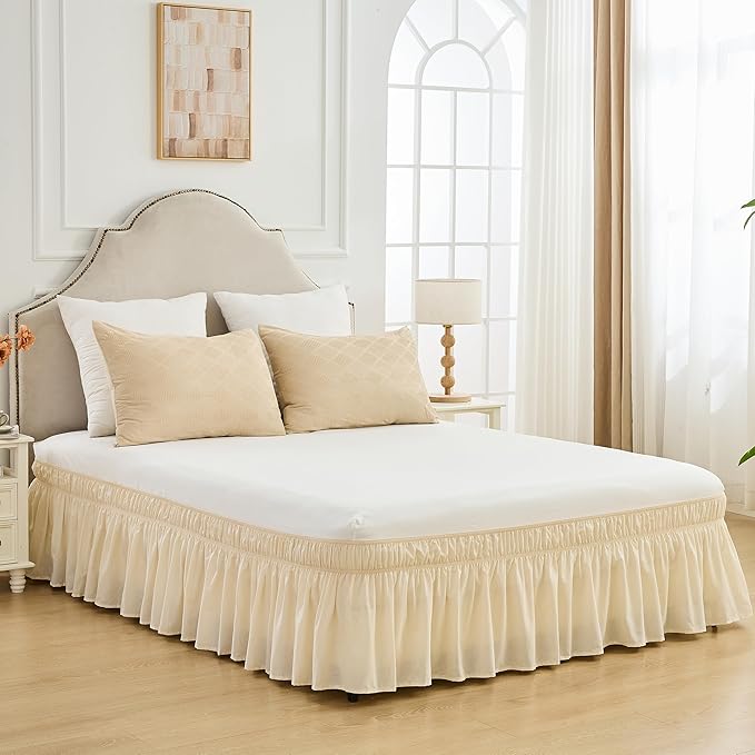 BISELINA Wrap Around Bed Skirts 17" Drop, Cotton Adjustable Elastic Dust Ruffles Easy Fit Wrinkle & Fade Resistant Soft Cozy Elegant Luxurious Bedding - Beige, King Size