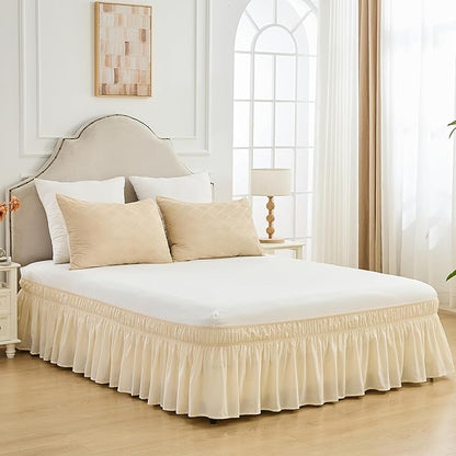 BISELINA Wrap Around Bed Skirts 17" Drop, Cotton Adjustable Elastic Dust Ruffles Easy Fit Wrinkle & Fade Resistant Soft Cozy Elegant Luxurious Bedding - Beige, King Size