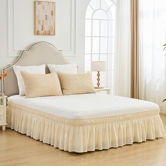 BISELINA Wrap Around Bed Skirts 17" Drop, Cotton Adjustable Elastic Dust Ruffles Easy Fit Wrinkle & Fade Resistant Soft Cozy Elegant Luxurious Bedding - Beige, King Size