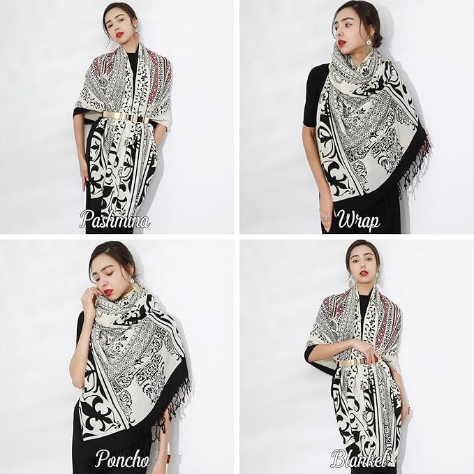 DANA XU 100% Merino Wool Extra Large Pashmina Blanket Travel Scarf Cashmere Wrap for Women Fall Winter Oversize Shawl Floral