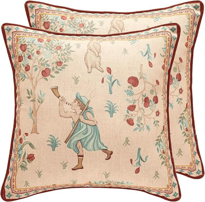 patdrea Designer Pack of 2 Square Throw Pillow Covers,Farmhouse Vintage Linen with Beige Ancient Idyll Pattern Pillows Cover,Decorative Pillowcases Cushion for Bed Living Room Outdoor Car,18"x18"