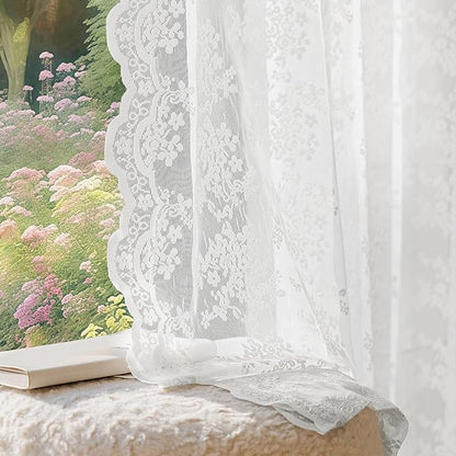 Anmao Vintage Lace Curtains 80 Inches Long 2 Panels Set, Romantic Elegant Light Filtering Semi Sheer Floral Thick Lacy Curtain Drapes for Living Room and Bedroom, Each Panel 55W x 80L, Bright White
