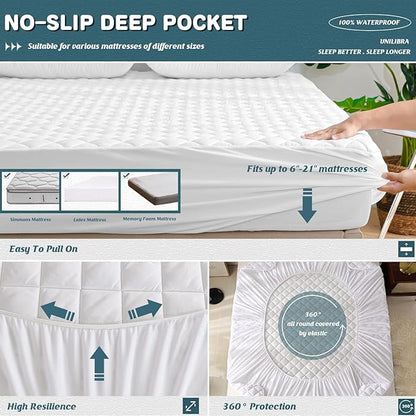 UNILIBRA King Mattress Cover Waterproof, Deep Pocket Mattress Pad Protector Fits to 6''-21'', Breathable Hollow Cotton Filling Quilted Mattress Protector for King Size
