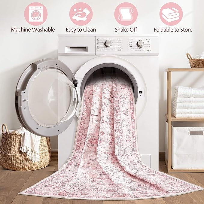 Pink Rugs for Bedroom Girls: 8x10 Washable Boho Large Neutral Cute Soft Area Rug Stain Resistant Floral Farmhouse Non Slip Indoor Floor Carpet for Living Room Nursery Kids Playroom Preppy Room Dorm