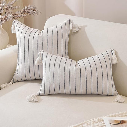 Decorative Boho Throw Pillow Cover 18x18 Inch Set of 2, Textured Linen Striped Throw Pillows with Tassels, Farmhouse Decor Cushion Covers for Couch Bed Living Room, Dusty Blue