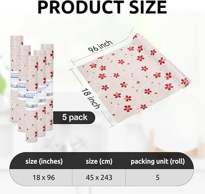RAY STAR 18X96 Inch Shelf Liner for Kitchen Cabinets, Non-Adhesive Cabinet Liner Washable, PVC Drawer Liner for Dresser Non-Slip Bathroom (Red Floral)(5 Roll)