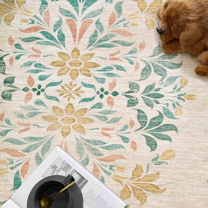 jinchan Round Rug 6ft Area Rugs Vintage Floral Distressed Design, Machine Washable Soft Non-Slip Low-Pile Ultra-Thin Circle Rug for Bedside Living Room Dining Room Bedroom (6' Round, Apricot Multi)