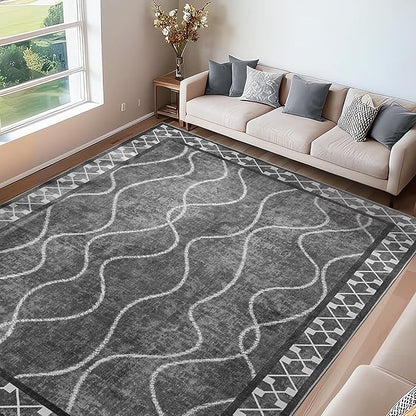Washable Area Rugs 8x10, Non-Slip Rugs for Living Room Bedroom, Low Pile Large Soft Alfombras, Modern Bordered Home Floor Rugs for Kids Playroom Office Dining Room Farmhouse, Dark Grey