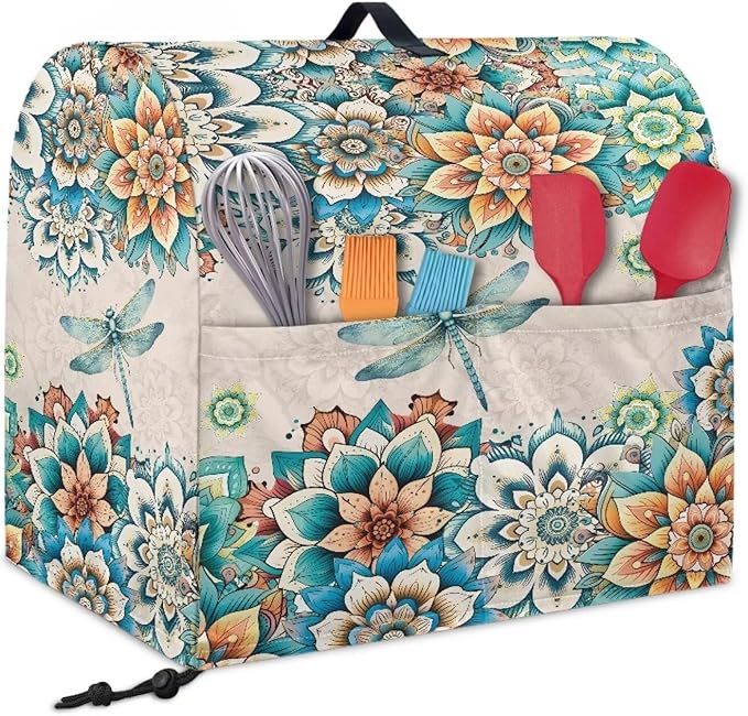 Stand Mixer Covers Compatible with 6-8 Quarts Boho Flower with Dragonfly Kitchen Aid Stand Mixer Dust Protector Cover Organizers with Handle Pocket