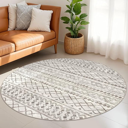 KUTA Round Washable Rug 5Ft Beige Boho Area Rugs for Living Room, Moroccan Foyer Throw Mat Non Slip, Soft Distressed Geometric Entry Circle Low-Pile Carpet for Bedroom Nursery Dorm Decor