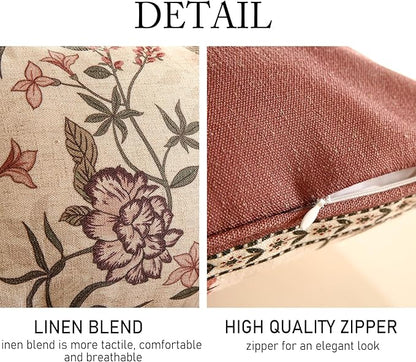 ISAENNE Design Linen Vintage Throw Pillow Covers 12"x20" Pack of 2, Rectangle Cushion Covers with Blue Pink Flowers Green Leaves Pattern Decoration Pillowcases for Bed,Living Room,Outdoor,Car