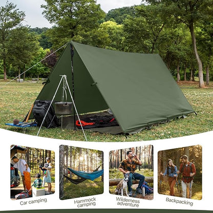 Camping Tarp Tent Portable Multifunctional Bushcraft Backpacking Tear-Resistant Fabric Rain Fly Tarps Awning Shelter Lightweight Waterproof Tarp(10×10 tarp)