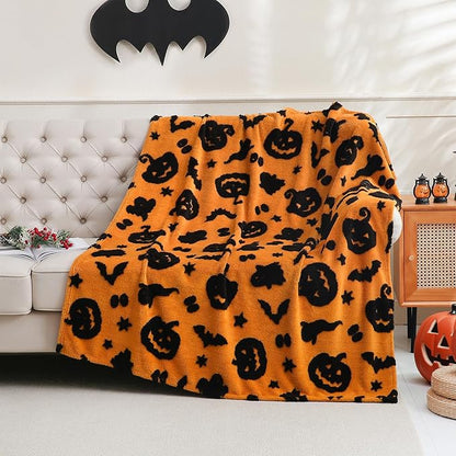 SOCHOW Halloween Jacquard Throw Blanket, Fuzzy Soft Cozy Warm Pumpkin Ghost Fall Decor Holiday Blanket for Couch, Sofa and Bed, 50 x 60 Inches, Orange/Black