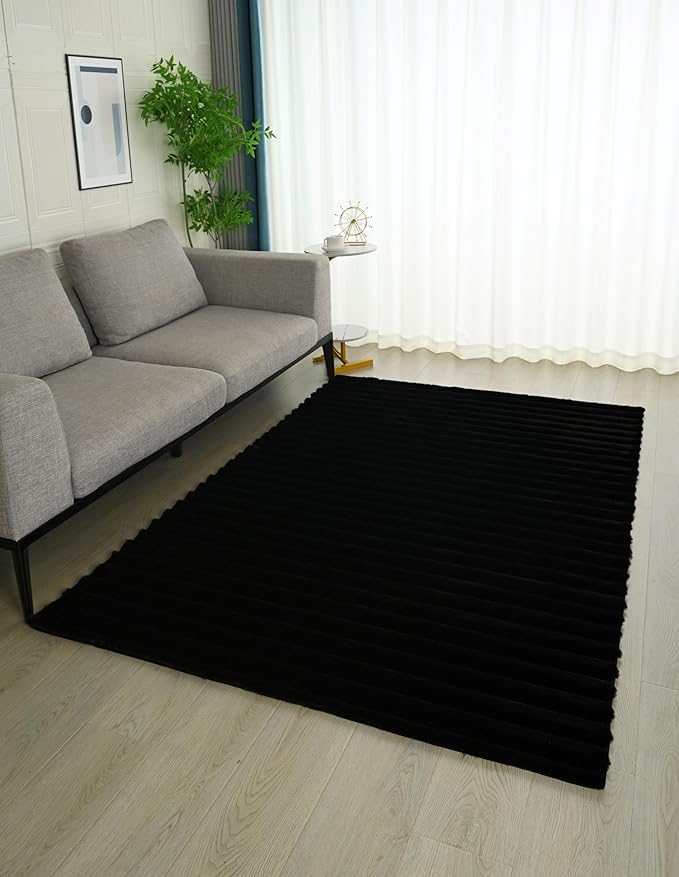 GLORY RUGS Area Rugs Striped Soft Faux Rabbit Fur Rug 5x7 Becky Black Plush Carpet Shag Cozy Fluffy Rug Non Slip Rugs, Machine Washable Shaggy Area Rug Bedroom Living Room and Dining Room.