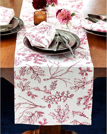Solino Home 100% Pure Linen Christmas Table Runner 90 Inches Long - Red/White Table Runner 14 x 90 Inch - Handcrafted and Machine Washable - Winter Forest Print