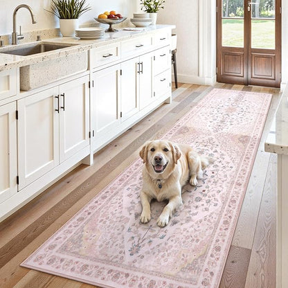 Moynesa Pink Runner Rugs for Long Hallway 2.5x8, Vintage Washable Floral Print Runner for Nursery Decor, Rubber Backing Non Slip Carpets for Kitchen Entryway Bathroom Bedroom