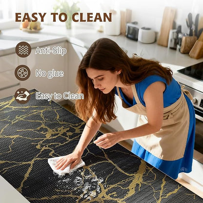 2-Layer Drawer and Shelf Liner for Kitchen Cabinet: 17.3in X 20Ft Non Slip Waterproof Shelf Paper Non Adhesive Refrigerator Liners Black/Gold Marble Easy Liners for Bathroom with Knife Tape Measure