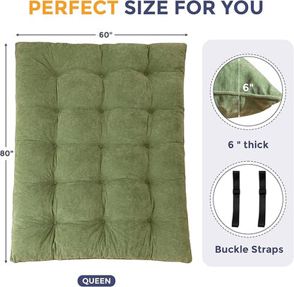 MAXYOYO Japanese Floor Mattress Queen Size, 6" Foldable Futon Mattress Tufted Roll Up Floor Bed, Thick Chenille Tatami Mat Sleeping Pad for Camping Guest Room Dormitory Bedroom RV, Green