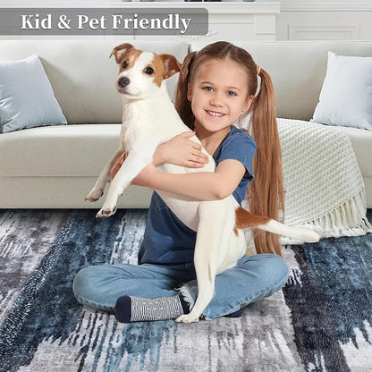Ciicool 5ft Round Washable Rug, Modern Abstract Circle Rugs, Non-Slip Thin Low-Pile Rug Navy Grey Circular Print Distressed Carpet for Bedroom Living Room Under Dining Table Home Office Decor