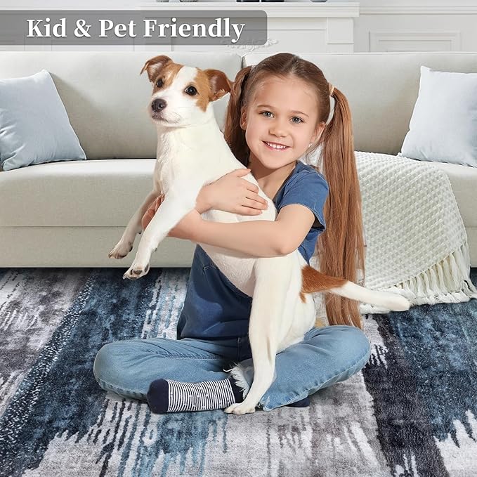 Ciicool 2x12 Washable Runner Rug, Modern Abstract Hallway Rugs Runner, Non-Slip Thin Accent Rug Lightweight Navy Grey Print Distressed Carpet for Laundry Entryway Bedroom Kitchen Indoor