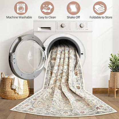 Runner Rug Kitchen Washable Rugs: 3x8 Non-Slip Boho Soft Vintage Stain Resistant Indoor Floor Neutral Farmhouse Throw Carpet for Hallway Bathroom Laundry Room Entryway Bedroom- Cream