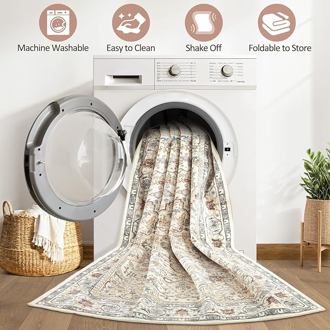 7x10 Area Rug Living Room: Washable Boho Large Neutral Vintage Soft Rugs Stain Resistant Farmhouse Non-Slip Indoor Floor Carpet for Bedroom Nursery Kids Playroom Office Dining Room- Cream Blue