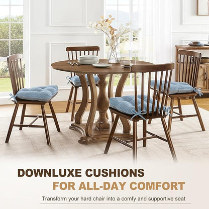 downluxe Indoor Chair Cushions for Dining Chairs, Tufted Overstuffed Textured Foam Kitchen Chair Pads with Ties and Non-Slip Backing, 15.5" x 15.5" x 4", Light Blue, 4 Pack