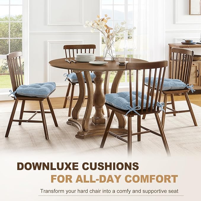 downluxe Indoor Chair Cushions for Dining Chairs, Tufted Overstuffed Textured Foam Kitchen Chair Pads with Ties and Non-Slip Backing, 15.5" x 15.5" x 4", Light Blue, 6 Pack