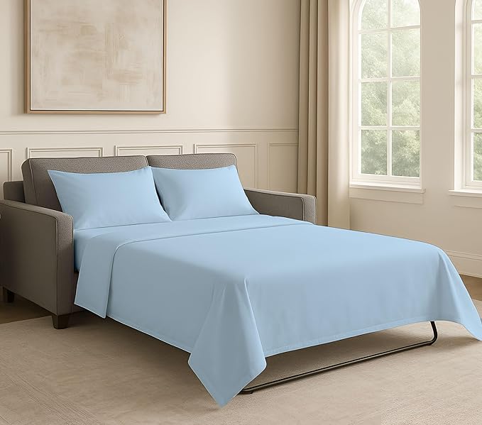 Sleeper Sofa Bed Sheet Set - Full Size 4 PC's Sheet Set Sofa Bed Sheets - 100% Cotton 400 Thread Count Sofa Sheets - Sleeper Sofa Sheets - Fits Mattresses Up to 6" Drop - Light Blue