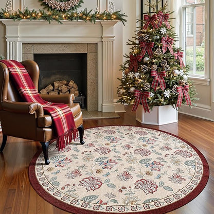 jinchan Elora 5ft Floral Round Rug for Entryway Washable Rug Vintage Romance Christmas Design Non Slip Indoor Doormat Lightweight Low-Profile Throw Carpet for Living Room Dining Room, Red/Beige