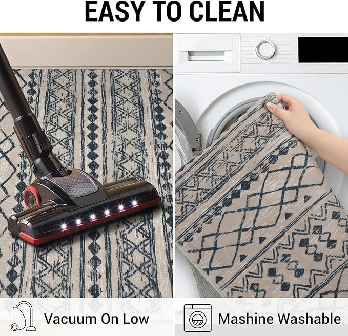 KUTA Moroccan Rugs for Entryway, 2x3 Light Brown Black Entrance Small Area Rug Non-Slip Washable, Ultra Soft Vintage Geometric Low-Pile Indoor Door Mat Floor Carpet for Kitchen