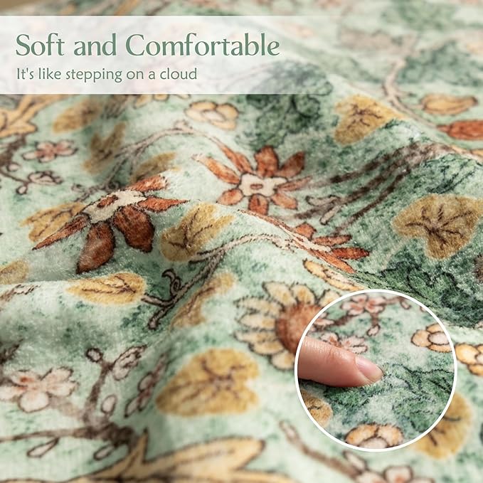 MUJOO 3x5 Green Rug Washable,Floral Area Rug for Bedroom Office Entryway Living Room Bedside,Small Throw Carpet Boho Non Slip Indoor Floor Botanical Vintage Ultra-Thin