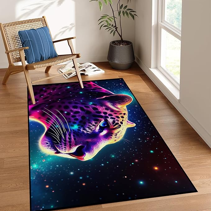 Galaxy Leopard Rug Fierce Panther Head Area Rugs for Boys Kids Bedroom Living Room Gameroom Girls Glitter Carpet Floor Mat Throw Rugs 79 in x 39 in
