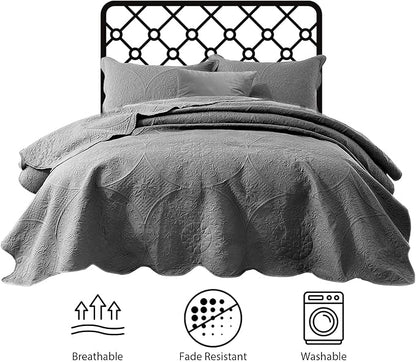 IR Imperial Rooms King Quilt Bedding Set Size (106" x 96") + 2 Pillow Shams (20" x 36"+ 2") - 3 Pcs All Season Lightweight Reversible Microfiber Coverlet Floral Embossed Quilt Bedspread (Grey)