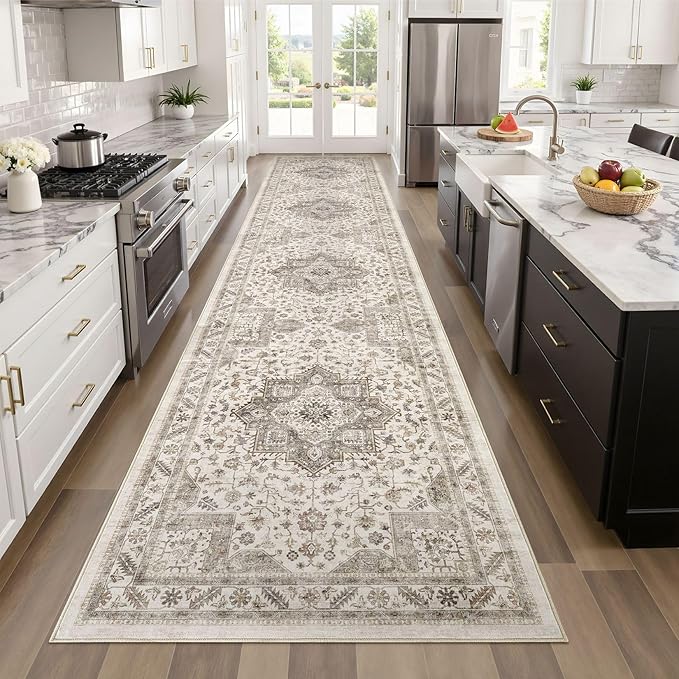 Vintage Hallway Runner Rug 3x8: Large Soft Washable Entryway for Kitchen Laundry Room Non-Slip Backing Runner for Entrance Living Room Bedroom Bathroom - Light Brown