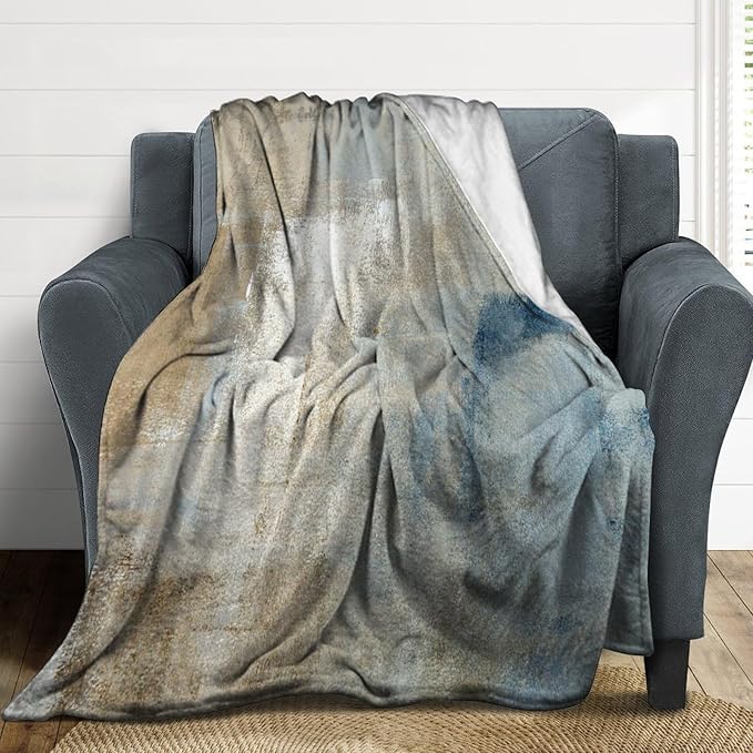 Abstract Gradient Blanket, Modern Fashion Art Blue Grey Brown Painting Strokes Pattern Soft Warm Cozy Plush Flannel Covers for Livingroom Bedroom Couch Chair Camping Travel Home Decor Tapestry 40x50in